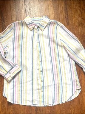 NWOT Chicos linen top 1 8 pastel stripes coastal button up beachy